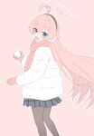  1girl :d absurdres ahoge alternate_costume black_pantyhose black_skirt blue_archive blue_eyes commentary commentary_request earmuffs fang feet_out_of_frame gloves halo heterochromia highres hoshino_(blue_archive) jacket long_hair looking_at_viewer miniskirt mistel_(sukebemistel) open_mouth outline pantyhose pink_background pink_gloves pink_hair pink_halo pink_scarf plaid_clothes plaid_skirt pleated_skirt scarf simple_background skirt smile snowball solo very_long_hair white_jacket white_outline winter_clothes yellow_eyes 