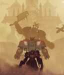  3boys absurdres adeptus_astartes aircraft airplane arm_cannon armor axe battle_axe blood blood_angels blood_on_weapon bolter breastplate cannon chain chain_axe chaos_(warhammer) chaos_space_marine clawed_gauntlets collegia_titanica commentary day dreadnought_(warhammer_40k) dust dust_cloud english_commentary exhaust exhaust_pipe eyes_of_horus_(warhammer_40k) fake_horns fighter_jet from_behind full_armor gauntlets glowing glowing_eyes gun helmet highres holding holding_axe holding_weapon horned_helmet horns imperium_of_man looking_at_viewer mecha military military_vehicle multiple_boys outdoors pauldrons power_armor red_eyes robot science_fiction shoulder_armor shoulder_cannon sign_of_khorne solo spiked_armor spikes terminator_armor thefearmaster warhammer_40k weapon 