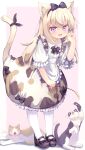  1girl :3 :d absurdres animal_ears apron bangs bent_over cat cat_ears cat_girl cat_tail cat_teaser commentary_request eyebrows_visible_through_hair full_body hair_between_eyes highres holding leaning_forward long_hair looking_at_viewer maid maid_apron maid_headdress mary_janes open_mouth original pantyhose purple_eyes ribbon senifu shoes sidelocks silver_hair simple_background smile standing tail tail_ornament tail_ribbon two-tone_background white_legwear 