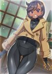  absurdres black_bodysuit black_hair bodysuit bodysuit_under_clothes brown_jacket covered_navel cowboy_shot cropped_jacket dark-skinned_female dark_skin emma_(pokemon) gloves hair_ornament highres indoors jacket long_sleeves looking_at_viewer mega_stone pokemon pokemon_legends:_z-a purple_eyes short_hair smile thighs two-tone_gloves yasu_suupatenin 