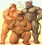  2021 3boys abs animal_ears bara blush brown_eyes brown_hair censored chest_hair chinese_zodiac completely_nude convenient_arm cow_boy cow_ears cow_horns cow_tail dark-skinned_male dark_skin facial_hair fat fat_man fiery_horns flaccid forked_eyebrows full_body furry furry_male glowing_horns goatee gyumao_(tokyo_houkago_summoners) hands_on_another&#039;s_shoulders happy_new_year horns large_pectorals male_focus male_pubic_hair minotaur mohawk mosaic_censoring multiple_boys muscular muscular_male navel new_year nipples nude od_(odn_ya_2) pectorals penis plump pubic_hair red_hair scar scar_on_face scar_on_nose short_hair sideburns smile spiked_hair standing stomach tail tetsuox_(tokyo_houkago_summoners) thick_eyebrows thick_thighs thighs tokyo_houkago_summoners wakan_tanka year_of_the_ox 
