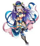  1girl black_footwear black_ribbon blue_hair blush breasts cao_cao_(tokimeki_general_girls_x) faulds gradient_hair grey_legwear hair_ribbon holding holding_polearm holding_spear holding_weapon leg_up looking_at_viewer medium_breasts multicolored_hair nipples official_art open_mouth polearm purple_hair red_eyes ribbon silver_hair solo spear thighhighs tokimeki_general_girls_x transparent_background twintails weapon 