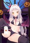  1girl :p absurdres bangs bare_shoulders bikini black_bikini black_gloves black_legwear blush bow breasts closed_mouth commentary_request demon_horns demon_tail demon_wings detached_collar fandead_(uruha_rushia) full_moon gloves highres hololive horn_bow horn_ornament horns jack-o&#039;-lantern knee_up long_hair looking_at_viewer maikro moon murasaki_shion navel neck_ribbon night night_sky orange_eyes pink_bow red_ribbon ribbon short_eyebrows silver_hair simple_background sky small_breasts smile solo star_(sky) starry_sky stomach string_bikini swimsuit tail tongue tongue_out v-shaped_eyebrows very_long_hair virtual_youtuber wings 