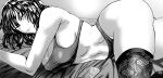  1girl breasts condom condom_packet_strip condom_wrapper daraz18aka fubuki_(one-punch_man) greyscale highres large_breasts looking_at_viewer lying medium_hair monochrome navel on_side one-punch_man smile solo thighhighs thighs underwear 