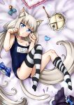  1girl animal_ears aqua_eyes bangs bed_sheet blunt_bangs bow cake cat_ears cat_girl cat_tail commentary_request eyebrows_visible_through_hair food hair_bow hair_ribbon horizontal_stripes long_hair looking_at_viewer low_twintails lying name_tag nekopara old_school_swimsuit parted_lips paw_pose pillow ribbon school_swimsuit sidelocks solo stalkingp striped striped_legwear swimsuit tail thighhighs translated twintails vanilla_(nekopara) white_hair 