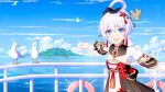  1girl :d bangs bird blue_eyes blue_sky boat breasts chinese_clothes cloud cloudy_sky hair_between_eyes hair_ornament highres honkai_(series) honkai_impact_3rd index_finger_raised island liumang_tu_shua_p_zhan looking_at_viewer ocean open_mouth outdoors pointing seagull sky sleeveless small_breasts smile solo theresa_apocalypse theresa_apocalypse_(starlit_astrologos) watercraft white_hair zhuge_kongming_(honkai_impact) 