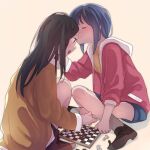  2girls bishop_(chess) black_hair blue_hair blush board_game brown_eyes chess chess_piece chessboard closed_eyes inuko_(ink0425) knight_(chess) long_hair multiple_girls open_mouth original pawn sweatdrop yuri 