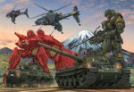  6+others absurdres aircraft armored_vehicle caterpillar_tracks cloud commentary_request evening ground_vehicle gun hat helicopter highres holding holding_weapon kidou_keisatsu_patlabor machine_gun mecha mikeran_(mikelan) military military_uniform military_vehicle motor_vehicle mount_fuji mountain multiple_others sky tank type_74 uniform walker weapon 