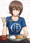  1girl bangs blue_shirt bowl brown_eyes brown_hair casual closed_mouth clothes_writing commentary curry eyebrows_visible_through_hair food girls_und_panzer highres holding holding_spoon looking_at_viewer nishizumi_maho omachi_(slabco) plate rice shirt short_hair short_sleeves smile solo sparkle spoon t-shirt translated 