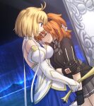  2girls ahoge arcueid_brunestud bare_shoulders black_gloves black_shirt blonde_hair blue_skirt breasts choker cleavage closed_eyes command_spell commentary_request crescent crescent_pin detached_sleeves fate/grand_order fate_(series) from_side fujimaru_ritsuka_(female) fujimaru_ritsuka_(female)_(polar_chaldea_uniform) gloves gold_trim grey_skirt hair_intakes hair_ornament hair_scrunchie hand_on_own_arm highres kaleidostick large_breasts leaning_on_person looking_at_another magical_girl miniskirt multiple_girls orange_hair phantas-moon phantasm_rod pleated_skirt red_eyes scrunchie shirt shoori_(migiha) short_hair skirt wand 