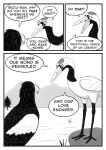 2025 accipitrid accipitriform akiko_(comixqueen) avian bird black_and_white black_body black_feathers comic comixqueen crane_(bird) duo eagle english_text evergreen_tree feathers female female_(lore) feral grass gruiform grus_(genus) hi_res isuzu_(comixqueen) monochrome outside pine_tree plant red-crowned_crane sea_eagle simple_background speech_bubble steller's_sea_eagle text tree white_body white_feathers