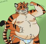 anthro belly big_belly clothing epic_games felid flexing flexing_bicep fortnite fur hand_on_belly hi_res huge_belly male male_anthro mammal nipples obese oscar_(fortnite) overweight pantherine plumppancake solo stripes tiger underwear yellow_eyes