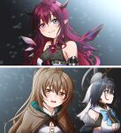  3girls absurdres ahoge bare_shoulders black_hair blue_eyes bow bow_earrings breasts brown_eyes brown_hair chromatic_aberration cleavage cleavage_cutout clothing_cutout crystal crystal_wings detached_sleeves detached_wings earrings english_text expressionless heterochromia highres hololive hololive_english horns huge_filesize irys_(hololive) jan_azure jewelry large_breasts long_hair medium_breasts multiple_girls multiple_horns nanashi_mumei ouro_kronii parody pointy_ears purple_eyes red_hair smile subtitled the_ballad_of_buster_scruggs upper_body virtual_youtuber wavy_hair wings 