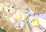  1girl atelier_(series) atelier_escha_&amp;_logy blush bra clothes_down clothes_lift commentary_request detached_sleeves dress dress_lift dutch_angle frills hands_together indoors lace-trimmed_panties lace_trim looking_at_viewer lucille_ernella miyama_leaves navel open_clothes open_dress open_mouth panties short_hair smile solo tareme underwear wavy_hair yellow_bra yellow_panties 