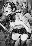  2girls absurdres breasts commentary_request constricted_pupils corpse decapitation disorder! grabbing_own_breast greyscale guro highres large_breasts miniskirt monochrome multiple_girls nipples open_mouth original school_uniform short_sleeves skirt solo_focus thighhighs 