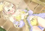  1girl atelier_(series) atelier_escha_&amp;_logy blush bra clothes_down clothes_lift commentary_request detached_sleeves dress dress_lift dutch_angle embarrassed frills hands_together indoors lace-trimmed_panties lace_trim lucille_ernella miyama_leaves navel open_clothes open_dress open_mouth panties pussy_juice pussy_juice_drip_through_clothes pussy_juice_stain short_hair solo tareme tears underwear wavy_hair yellow_bra yellow_panties 