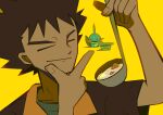  1boy absurdres brock_(pokemon) brown_hair brown_jacket closed_eyes closed_mouth commentary_request fingernails food highres holding holding_ladle jacket ladle lotad male_focus mudkip open_mouth ottoyamaotoko8 pokemon pokemon_(anime) pokemon_(creature) pokemon_rse_(anime) short_sleeves simple_background smile solo_focus soup spiked_hair yellow_background 