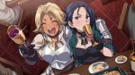  2girls :d ^_^ alcohol arm_around_shoulder armor asada_hachi banned_artist black_choker black_gloves blonde_hair blue_hair blush bodice boobplate bottle breasts catherine_(fire_emblem) chair choker cleavage closed_eyes commentary cup dark-skinned_female dark_skin drinking drinking_glass dutch_angle facing_viewer fire_emblem fire_emblem:_three_houses food forehead fork from_above glint gloves green_jacket hand_up happy highres holding holding_cup indoors jacket liquor looking_at_viewer multiple_girls on_chair open_clothes open_jacket open_mouth plate purple_eyes shamir_nevrand short_hair sitting smile table teeth twitter_username vambraces watermark 