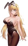  1girl absurdres animal_ears arm_behind_head arm_up armpits azur_lane bangs black_choker black_legwear black_leotard blonde_hair blue_eyes breasts choker cleavage collarbone commentary covered_nipples eyebrows_visible_through_hair fake_animal_ears highres large_breasts leotard long_hair looking_at_viewer manu_(pixiv41646715) north_carolina_(azur_lane) north_carolina_(the_heart&#039;s_desire)_(azur_lane) official_alternate_costume pantyhose playboy_bunny rabbit_ears simple_background smile solo strapless strapless_leotard white_background 