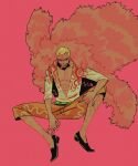  1boy blonde_hair dark-skinned_male dark_skin donquixote_doflamingo fur_coat highres leg_hair one_piece pink_background sarakipin shoes sitting sleeves_rolled_up solo sunglasses tongue tongue_out unbuttoned unbuttoned_shirt 