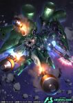  aqua_eyes commentary_request copyright_logo copyright_name copyright_notice debris energy_axe firing gundam gundam_arsenal_base gundam_unicorn holding holding_rocket_launcher holding_weapon horns kshatriya_repaired logo mecha mobile_suit neo_zeon no_humans official_art one-eyed robot rocket_launcher sakusakusakurai science_fiction single_horn solo space weapon 