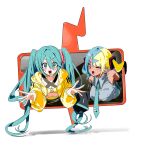  2girls 5oh5s2 absurdres aqua_eyes aqua_hair aqua_necktie bandeau bare_shoulders black_mask black_sleeves blonde_hair blue_eyes blue_hair blush breasts canari_(pokemon) canari_(pokemon)_(cosplay) cosplay costume_switch criss-cross_straps dark-skinned_female dark_skin detached_sleeves grey_shirt hair_between_eyes hatsune_miku hatsune_miku_(cosplay) highres jacket large_breasts long_hair long_sleeves looking_at_viewer mask mask_pull mega_stone mouth_mask multicolored_hair multiple_girls navel necktie one_eye_closed open_mouth pokemon pokemon_legends:_z-a rotom rotom_phone shirt short_twintails sleeveless sleeveless_shirt smile split-color_hair sports_bra twintails two-tone_hair two-tone_mask very_long_hair vocaloid yellow_bandeau yellow_jacket yellow_mask yellow_sports_bra 