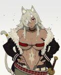  1girl abs animal_ears areola_slip areolae bare_shoulders belt black_gloves breasts choker cleavage covered_nipples eyepatch fur_trim ghislaine_dedoldia gloves hands_on_hips hibaneim highres jacket large_breasts long_hair looking_at_viewer muscular muscular_female mushoku_tensei navel off_shoulder platinum_blonde_hair red_eyes scar scar_on_face sheath sheathed solo sword tail thong weapon 