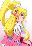  1girl aida_mana arms_behind_back bangs blonde_hair bow choker cure_heart detached_sleeves dokidoki!_precure earrings eyebrows_visible_through_hair eyelashes from_behind fuchi_(nightmare) hair_between_eyes hair_ornament heart heart_earrings heart_hair_ornament highres jacket jewelry long_hair long_sleeves looking_at_viewer looking_back pink_choker pink_jacket pink_skirt pink_sleeves precure red_bow red_eyes shiny shiny_hair skirt sleeveless sleeveless_jacket smile smug solo standing very_long_hair white_background 