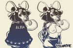 2025 3:2 anthro bottomwear cherry clothed clothing clothing_lift crop_top dessert digital_drawing_(artwork) digital_media_(artwork) digital_painting_(artwork) eyewear female flashing flashing_breasts food footprint fruit gesture glasses horn ice_cream japanese_text looking_at_viewer mammal monochrome mouse murid murine navel nipples painting_(artwork) pawprint plant poncho rat rodent shirt shirt_lift sketch skirt solo standing tail tail_gesture tail_heart text topwear ysundae ysundae_(character)