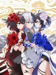  3girls :o absurdres antenna_hair bangs bare_shoulders black_gloves blue_eyes blue_gloves blue_hair bronya_zaychik broseele china_dress chinese_clothes dress drill_hair dual_persona flower gloves hair_between_eyes hair_flower hair_ornament highres holding_hands honkai_(series) honkai_impact_3rd long_hair looking_at_another multiple_girls open_mouth red_dress red_eyes red_flower red_gloves red_hair seele_(alter_ego) seele_vollerei seele_vollerei_(stygian_nymph) short_hair single_glove sleeveless sleeveless_dress smile twin_drills white_dress white_flower 