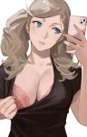  1girl bangs black_shirt blonde_hair blue_eyes bra breasts cellphone cleavage clothes_pull collarbone hair_ornament hairclip highres j@ck lace-trimmed_bra lace_trim large_breasts long_hair looking_to_the_side parted_lips persona persona_5 phone pink_bra selfie shirt shirt_pull short_sleeves smile solo swept_bangs takamaki_anne twintails underwear 