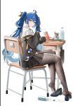  1girl ahoge alternate_costume black_jacket black_shoes black_skirt blue_eyes blue_hair bottle chinese_commentary closed_mouth commentary_request cup desk disposable_cup gradient_hair grey_pantyhose highres holding holding_cup iuno_(wuthering_waves) jacket long_hair looking_at_viewer looking_to_the_side milk_bottle multicolored_hair off_shoulder pantyhose sabou_san-shitsu_kokoro school_desk school_uniform shirt shoes simple_background sitting skirt solo spill streaked_hair twintails white_background white_shirt wuthering_waves 