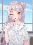  1girl absurdres bangs blue_sky blurry blurry_background blush bow bowtie commentary_request day eyes_visible_through_hair food food_in_mouth hair_bun hand_up highres hololive indoors long_hair looking_at_viewer maikro mouth_hold murasaki_shion orange_eyes playing_with_own_hair pocky sailor_collar shirt short_eyebrows short_sleeves silver_hair sky solo upper_body virtual_youtuber white_bow white_bowtie white_sailor_collar white_shirt window 