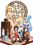  3girls absurdres alternate_costume anarchojs aqua_(konosuba) bangs bare_arms bare_shoulders black_legwear black_panties blonde_hair blue_dress blue_eyes blue_hair bracelet braid breasts chair china_dress chinese_clothes cleavage closed_fan collarbone commentary_request covered_navel crossed_legs crown_braid darkness_(konosuba) dress elbow_gloves eyebrows_visible_through_hair flower folding_fan full_body garter_belt garter_straps gloves hair_flower hair_ornament hair_rings hand_fan high highres holding holding_fan jewelry kneeling kono_subarashii_sekai_ni_shukufuku_wo! lantern large_breasts long_hair looking_at_viewer medium_breasts megumin multiple_girls on_chair panties paper_lantern pedestal plant ponytail potted_plant red_eyes red_flower red_footwear rug side-tie_panties sideboob simple_background sitting small_breasts smile squatting thigh_strap thighhighs thighs umbrella underwear urn white_background white_legwear 