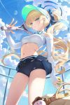  1girl absurdres alternate_costume ball bare_shoulders black_shorts blonde_hair blue_archive blue_eyes blue_shorts blue_sky blush bow breasts character_doll cloud cowboy_shot crop_top day doll earrings hair_bow hat highres holding holding_racket jacket jewelry k_(kih8707) large_breasts long_hair long_sleeves looking_at_viewer midriff navel outdoors peroro_(blue_archive) ponytail racket ribbon shirt short_shorts shorts sidelocks sky smile solo sportswear standing stomach stud_earrings sweat tennis_ball tennis_racket tennis_skirt tennis_uniform thighs toki_(blue_archive) very_long_hair visor_cap white_shirt 