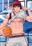  1boy abs ball basketball basketball_uniform black_eyes briefs closed_mouth clothes_lift cloud day highres holding holding_ball kagami_taiga kuroko_no_basuke looking_at_viewer male_focus male_underwear maorenc navel outdoors red_eyes red_hair short_hair shorts sky solo sport sportswear toned toned_male underwear 