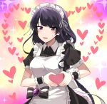  1girl alternate_costume apron bangs blunt_bangs commentary enmaided eyebrows_visible_through_hair genshin_impact hair_between_eyes heart heart_background heart_hands highres lix long_hair looking_at_viewer maid maid_apron maid_headdress moe_moe_kyun! mole mole_under_eye open_mouth purple_eyes purple_hair raiden_(genshin_impact) sidelocks simple_background solo sweat vision_(genshin_impact) 