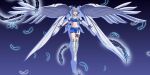  1girl angel_wings black_gloves blue_hair blue_skirt blue_tube_top boots commentary_request cosplay cropped_jacket feathers full_body gloves gotland_(2020_race_queen)_(kancolle) gotland_(kancolle) gundam gundam_wing gundam_wing:_endless_waltz half_gloves headset kantai_collection long_hair miniskirt moke_ro outstretched_arms race_queen shrug_(clothing) skirt solo strapless thigh_boots thighhighs tube_top white_thighhighs wing_gundam_zero_custom wing_gundam_zero_custom_(cosplay) wings 