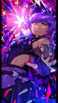  1boy bangs bare_shoulders belt black_belt black_bodysuit bodysuit closed_mouth commentary dark-skinned_male dark_skin detached_sleeves eternatus facial_hair fingerless_gloves gem gen_8_pokemon gloves highres legendary_pokemon leon_(pokemon) long_hair looking_at_viewer male_focus naoto_(yandereheaven) official_alternate_costume pillarboxed pokemon pokemon_(creature) pokemon_(game) pokemon_masters_ex purple_hair smile yellow_eyes 