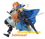  ! 2girls :d armor armored_dress belt black_belt black_boots black_gloves black_jacket black_pants black_shirt blonde_hair blue_cape blue_hat blue_necktie boots cape cavalier_hat character_name cinq_association_south_uniform collared_shirt don_quixote_(project_moon) dress freckles full_body gloves hashtag-only_commentary hat highres holding holding_sword holding_weapon ishmael_(project_moon) jacket limbus_company long_hair long_sleeves looking_to_the_side multiple_girls necktie open_mouth orange_eyes orange_hair pants pauldrons plume ponytail project_moon rapier serious shirt short_hair shoulder_armor shoulder_belt side_cape simple_background smile speech_bubble spoken_exclamation_mark standing standing_on_one_leg sword uzr_akira very_long_hair weapon white_background yellow_eyes zwei_association_west_uniform 
