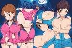  2girls arms_under_breasts blush bottomless breasts brown_eyes brown_hair bursting_breasts cleavage close-up closed_mouth commission highres huge_breasts idolmaster idolmaster_cinderella_girls katagiri_sanae large_breasts multiple_girls multiple_others multiple_views nipples no_bra oikawa_shizuku open_clothes panties panty_pull pole_(ppp1409) pubic_hair pulled_by_self skeb_commission sweat tearing_up undersized_clothes underwear undressing unzipping 