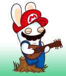  blue_overalls closed_eyes commentary english_commentary facial_hair full_body gradient gradient_background hat highres holding holding_instrument instrument mandolin mario_(series) mario_+_rabbids_kingdom_battle mustache overalls rabbid raving_rabbids red_headwear simple_background solo tree_stump 
