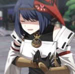  1girl arm_guards bangs black_hair blurry closed_eyes commentary depth_of_field detached_sleeves eyebrows_visible_through_hair genshin_impact hands_on_own_chest heart_attack japanese_clothes kujou_sara lix mask mask_on_head meme open_mouth short_hair sidelocks so_moe_i&#039;m_gonna_die! solo tengu_mask wide_sleeves 