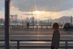  1boy 1girl artist_name black_necktie blonde_hair building chainsaw_man city cityscape cloud collared_shirt covered_eyes crane_(machine) denji_(chainsaw_man) faceless faceless_female highres kei_truck light_rays makima_(chainsaw_man) motion_blur motor_vehicle multi-lane_road necktie null_(skev7724) outdoors pickup_truck railing road scenery shirt short_hair signature sky standing street sunbeam sunlight truck white_shirt wide_shot 