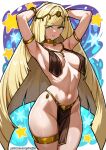  1girl armlet armpits arms_up blonde_hair bracelet breasts circlet cowboy_shot dancer gold_armlet gold_bracelet gold_thighlet green_eyes jewelry long_hair looking_at_viewer lusamine_(pokemon) mature_female medium_breasts navel neck_ring parted_lips pelvic_curtain pokemon pokemon_sm redjet solo stomach thighlet thighs very_long_hair 