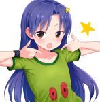  1girl bangs blue_hair brown_eyes commentary green_shirt hair_ornament idolmaster idolmaster_(classic) idolmaster_million_live! idolmaster_million_live!_theater_days kemu_(guruguru_dan) kisaragi_chihaya long_hair looking_at_viewer open_mouth parted_bangs pointing pointing_at_self shirt simple_background smile solo star_(symbol) star_hair_ornament t-shirt white_background wristband 