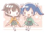  2girls :&gt; blue_hair blush brown_hair chibi green_hakama hair_ribbon hakama hakama_short_skirt highres hiryuu_(kancolle) japanese_clothes kantai_collection kneehighs multiple_girls nada_namie one_side_up open_mouth ribbon short_hair short_twintails signature simple_background smile souryuu_(kancolle) twintails two-tone_background v white_legwear wide_sleeves 