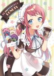  1girl alternate_costume alternate_hairstyle apron bangs bliss_(ferment_factory) blue_eyes blush box breasts cup dessert disposable_cup doughnut dress drink food frappuccino frilled_dress frilled_shirt_collar frills gloves hair_ribbon highres holding holding_box holding_cup holding_drink holding_food long_hair looking_at_viewer maid maid_apron maid_headdress minamoto_sakura neck_ribbon open_mouth red_hair ribbon romero_(zombie_land_saga) side_ahoge smile solo striped striped_background twintails whipped_cream white_gloves zombie_land_saga 