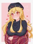  1girl @_@ bangs black_dress black_headwear blonde_hair blush border breasts closed_mouth crescent crossed_arms dress eyebrows_visible_through_hair hair_between_eyes hat heart highres jacket junko_(touhou) large_breasts long_hair long_sleeves looking_to_the_side pink_background red_eyes red_heart red_jacket simple_background smile solo tasuku_(tusktouhou4) touhou white_border wide_sleeves 