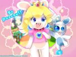  1girl :d blonde_hair blue_eyes buck_teeth commentary crown deviantart_username earrings english_commentary english_text jewelry long_hair mario_(series) mario_+_rabbids_kingdom_battle open_mouth pink_shirt puffy_short_sleeves puffy_sleeves rabbid rabbid_peach raving_rabbids shirt short_sleeves smile spawny standing star_(symbol) watermark 
